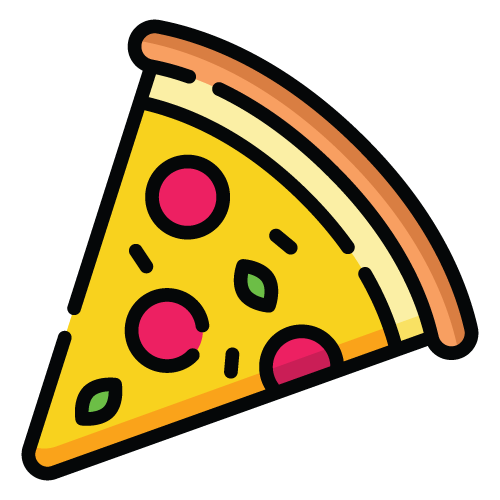 company logo of a cartoon pizza slice with pepperoni, basil, and spices